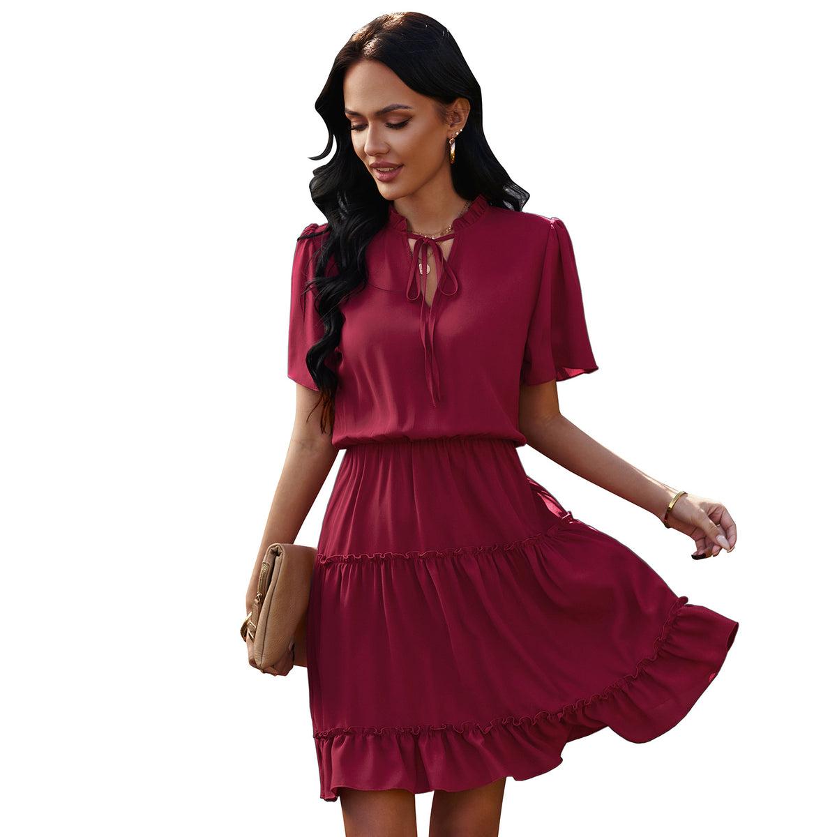High Neck Neck Waist Ruffle Dress