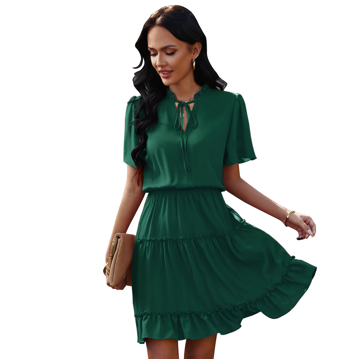 High Neck Neck Waist Ruffle Dress